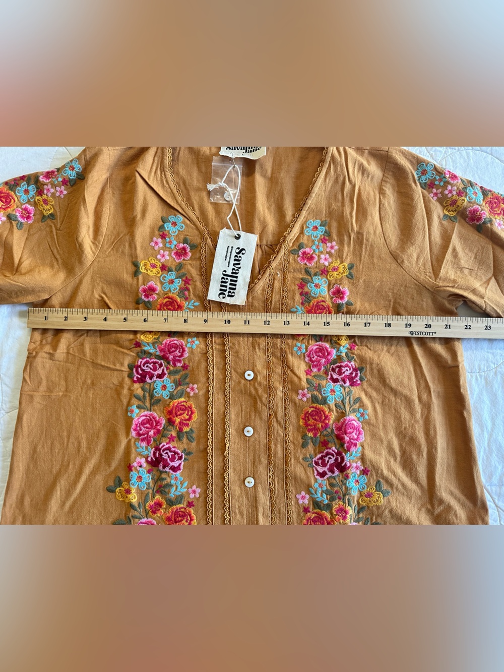 Savanna Jane Mustard Embroidered Floral Button-Front Top - Picture 11 of 12